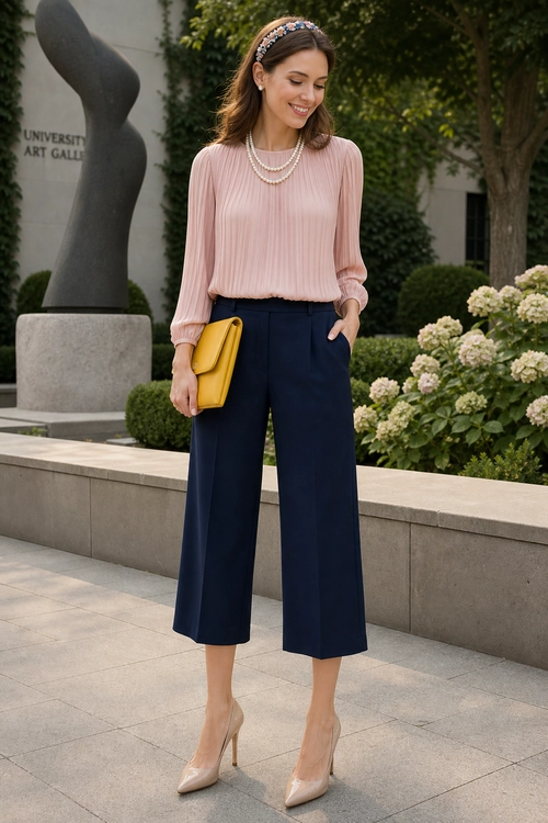 Pink Blouse and Navy Trousers Outfit A woman wears a pleated pink blouse with navy cropped wide-leg trousers, nude heels, a yellow clutch, layered pearl necklaces, and a floral headband.