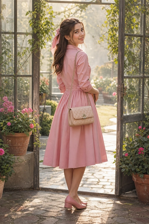 Woman wearing a pink long-sleeved midi dress with a matching hair ribbon, pink heels, and a beige quilted chain-strap shoulder bag.