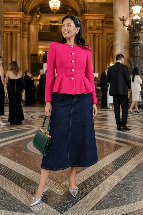 Pink Peplum Top with Denim Midi Skirt A woman wears a bright pink button-front peplum top with a dark denim midi skirt, silver pointed shoes, and a green handbag.