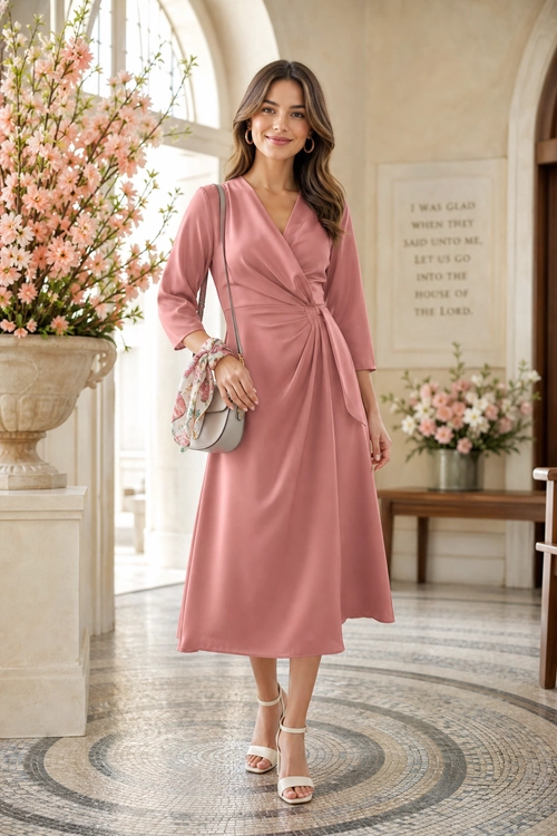 Woman wearing a dusty pink long-sleeve wrap midi dress with white strappy heels and a floral shoulder bag.