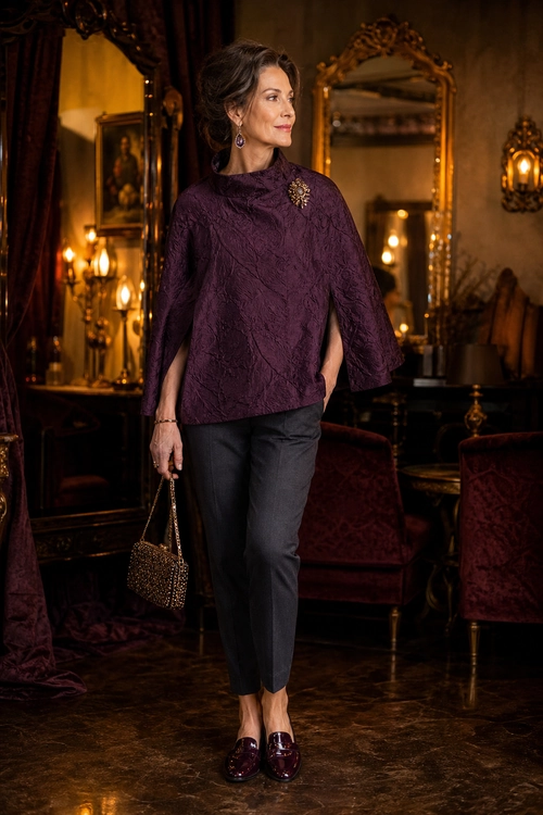 A woman wears a plum textured cape-style top with a brooch, charcoal tapered trousers, burgundy loafers, and a small beaded handbag.