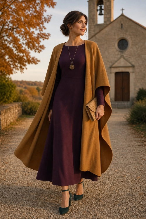 A woman wears a deep plum dress with a camel cape, pendant necklace, woven clutch, and dark green heels.