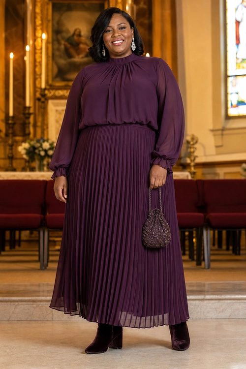 A woman wears a long plum high-neck pleated dress with ankle boots, statement earrings, and a beaded drawstring handbag.