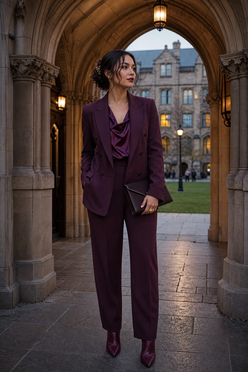 A woman wears a plum double-breasted suit with a draped satin blouse, pointed ankle boots, and a structured clutch.
