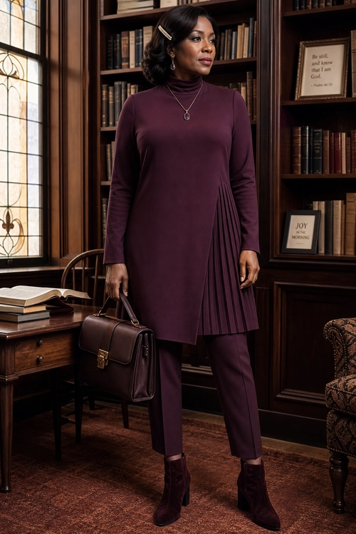 A woman wears a plum long-sleeve tunic with pleated detailing, matching trousers, ankle boots, and a structured handbag.