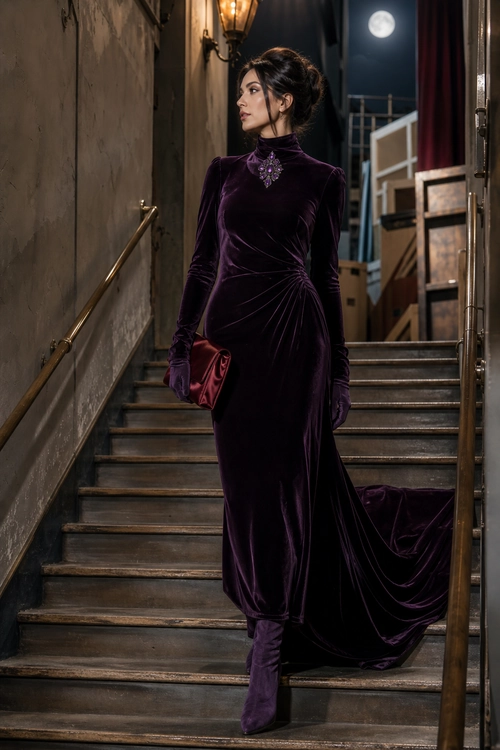 Plum Velvet Gown with Draped Train A woman wears a dark plum velvet high-neck gown with a trailing train, matching gloves and boots, a jeweled neck embellishment, and a burgundy clutch.