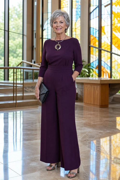 Plum Wide-Leg Jumpsuit Outfit A woman wears a plum long-sleeve wide-leg jumpsuit with a pendant necklace, black clutch, and metallic open-toe heels.
