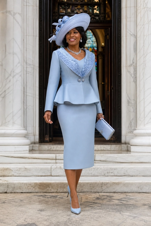 Powder Blue Peplum Skirt Suit A woman wears a powder blue peplum skirt suit with a matching wide-brim hat, clutch, jewelry, and pointed-toe pumps.