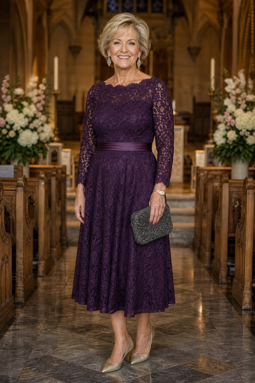 Elegant purple long-sleeved lace midi dress styled with a satin waistband, metallic pointed heels, drop earrings, and a beaded clutch.