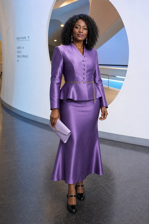 A woman wears a purple peplum jacket with a matching midi skirt, chain belt, clutch, earrings, and black ankle-strap heels.