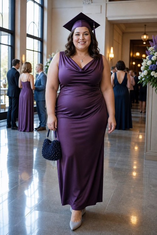 Purple Satin Graduation Gown Outfit A woman wears a sleeveless purple satin gown with a graduation cap, gray pointed-toe heels, a beaded handbag, and a delicate necklace.