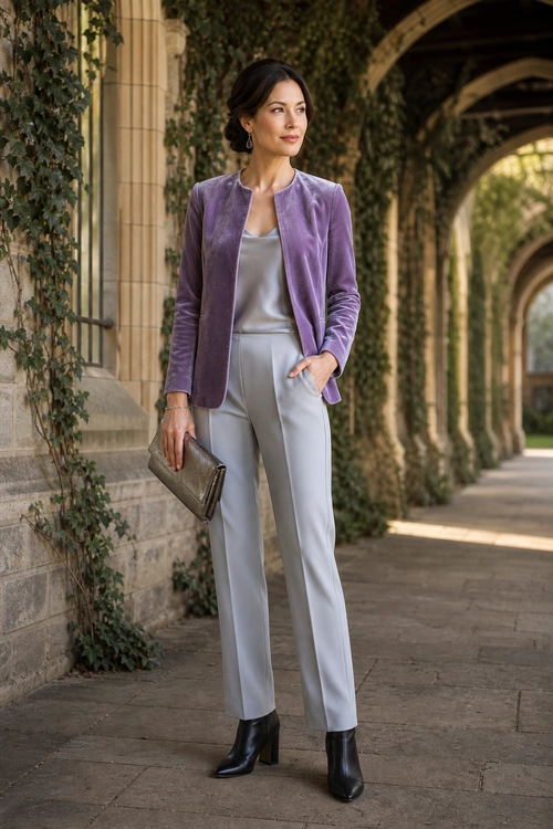 Purple Velvet Blazer with Satin Trousers A woman wears a purple velvet blazer over a light gray satin top and trousers with black ankle boots and a metallic clutch.