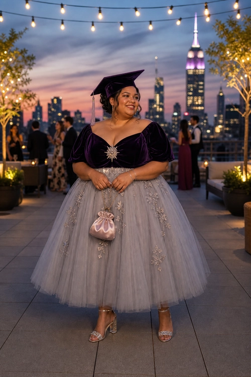 Purple Velvet Graduation Party Outfit A person wearing a purple velvet puff-sleeve top, embellished gray tulle skirt, graduation cap, satin purse, and glittery strappy heels.