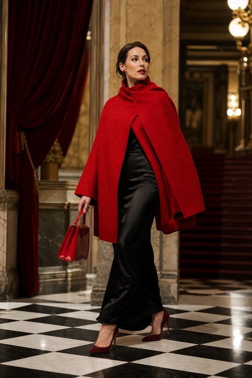A woman wears a red cape over a long black dress with red pointed heels and a matching handbag.