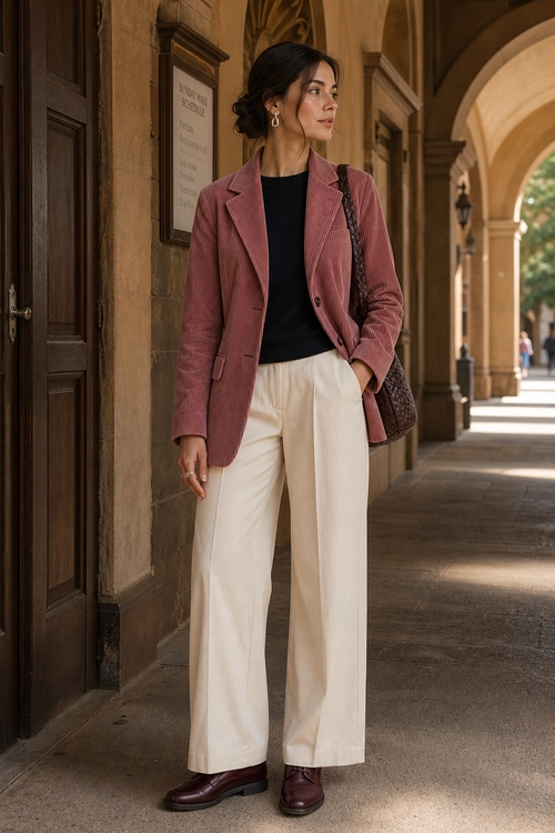 Rose Blazer and Cream Trousers A woman wears a dusty rose blazer over a black top with cream wide-leg trousers and dark burgundy ankle boots.