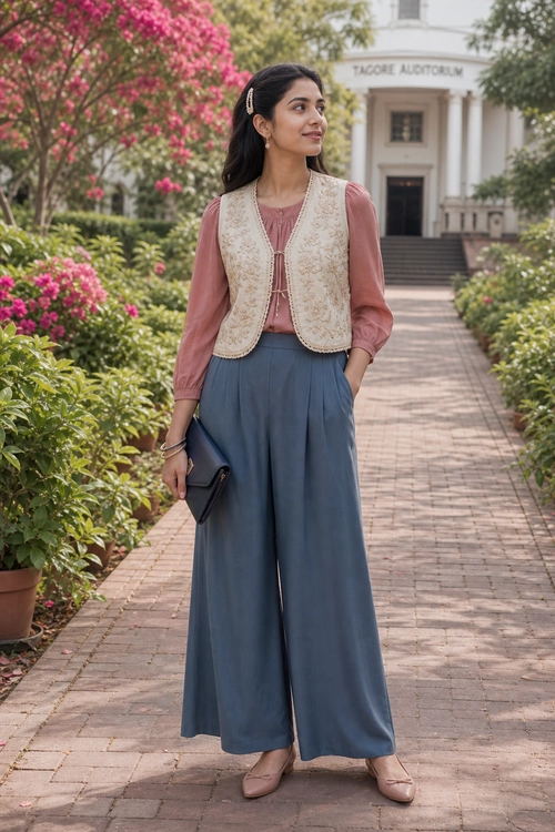 Rose Blouse and Wide-Leg Trousers Outfit A woman wears a dusty rose blouse with a cream embroidered vest, slate blue wide-leg trousers, blush flats, and a black clutch.