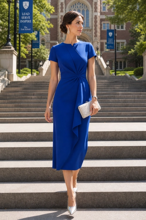 Elegant Royal Blue Draped Dress Woman wearing a royal blue short-sleeve midi dress with a draped waist, silver pointed heels, and a light beaded clutch.