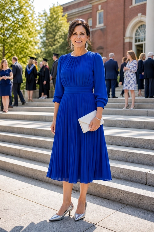 A woman wears a royal blue pleated midi dress with silver pointed heels and an ivory clutch on outdoor steps.
