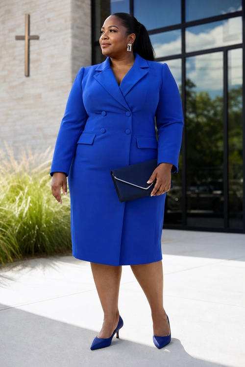 A person wears a royal blue tailored double-breasted dress with matching pointed pumps, silver earrings, and a black clutch.