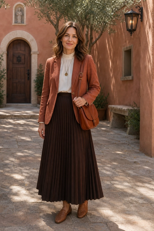 Rust Blazer and Pleated Brown Skirt Outfit Woman wearing a rust blazer over a white high-neck blouse with a dark brown pleated skirt, brown shoes, and a leather shoulder bag.