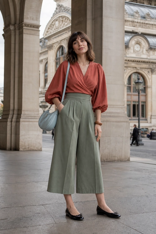 Rust Blouse and Sage Culottes Outfit A rust wrap blouse with puff sleeves is styled with sage green high-waisted culottes, a light blue shoulder bag, and black flats.