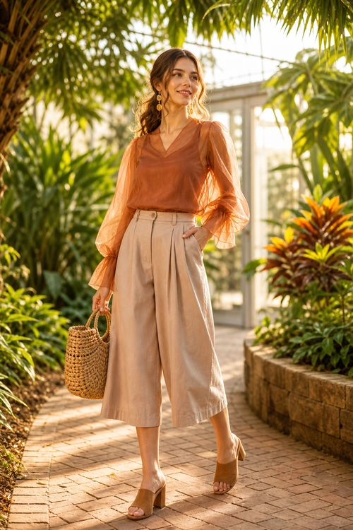 A woman wears a rust sheer-sleeve blouse with beige high-waisted wide-leg culottes, block-heel sandals, and a woven basket handbag.