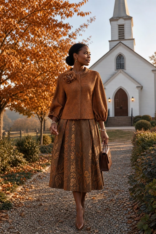 Woman wearing a rust brown textured jacket and matching midi skirt with a floral brooch, handbag, jewelry, and pointed heels.