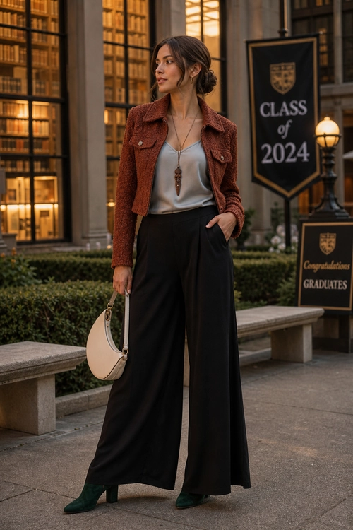 A woman wears a rust textured jacket over a light satin top with black wide-leg trousers, dark green ankle boots, and a cream shoulder bag.
