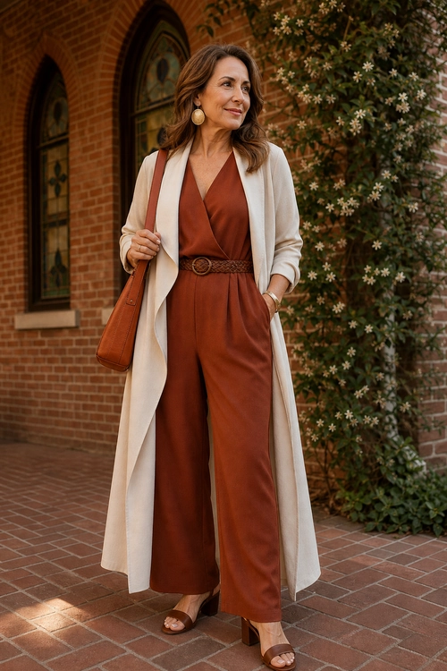 A woman wears a rust-colored jumpsuit with a cream long duster, woven brown belt, shoulder bag, and heeled sandals.