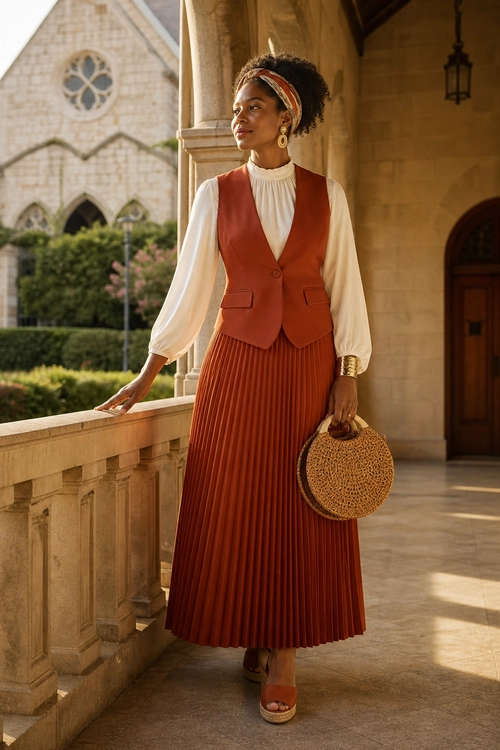 A rust tailored vest and pleated midi skirt are paired with a cream high-neck blouse, woven round handbag, and platform sandals.