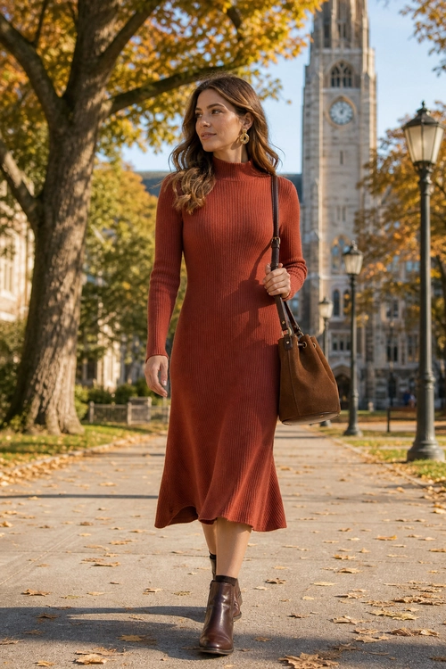 Rust Ribbed Midi Dress Look A woman wears a rust ribbed long-sleeve midi dress with brown ankle boots and a brown shoulder bag on an autumn city walkway.
