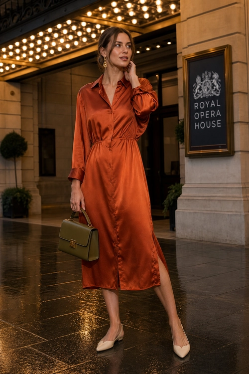 Rust Satin Shirt Dress Look A woman wears a rust satin long-sleeve shirt dress with nude pointed heels, gold earrings, and an olive green handbag.