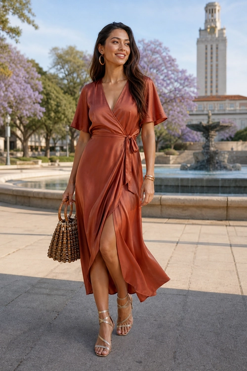Woman wearing a rust satin wrap dress with a front slit, strappy heeled sandals, hoop earrings, bracelets, and a beaded handbag.