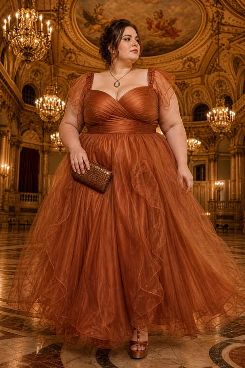 Rust Tulle Evening Gown A rust-colored tulle evening gown with sheer puff sleeves, a ruched bodice, a full flowing skirt, a pendant necklace, a woven clutch, and platform heels.