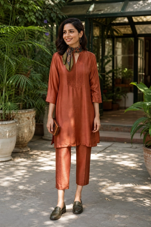 Rust Tunic and Trousers Outfit A woman wearing a rust-colored tunic with matching cropped trousers, a patterned neck scarf, dark loafers, and a small clutch.