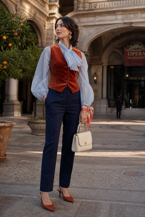 A tailored outfit featuring a rust velvet vest, sheer light blue bow blouse, navy trousers, rust pointed heels, and a white handbag.