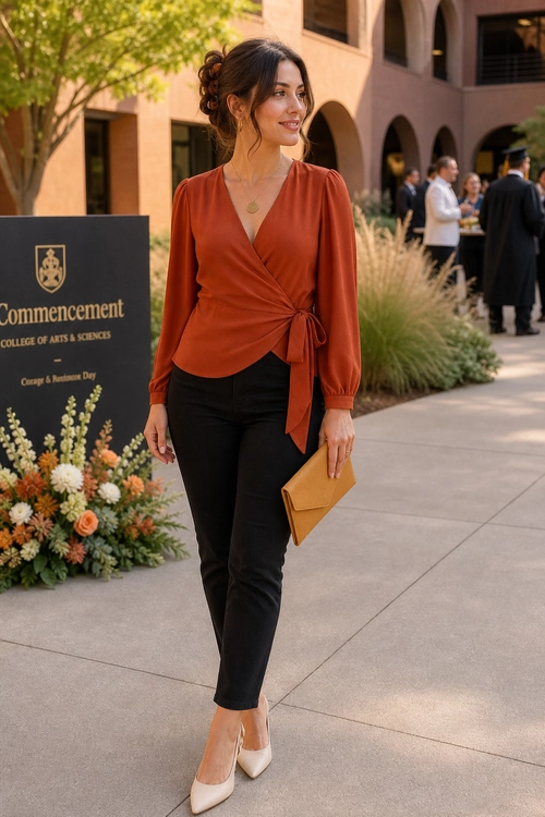 A woman wears a rust wrap blouse with black trousers, nude pointed-toe pumps, and a tan envelope clutch.