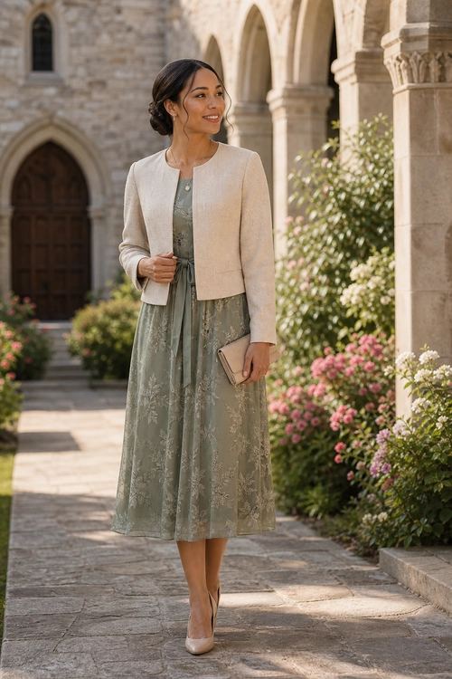 Sage Floral Dress with Cropped Jacket A woman wears a sage green floral midi dress with a cream cropped jacket, nude pointed heels, and a matching clutch.