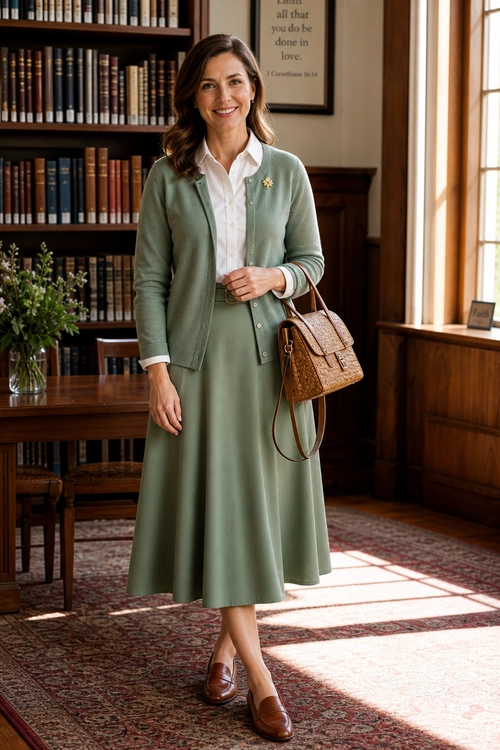 A woman wears a sage green cardigan and midi skirt with a white collared shirt, brown loafers, and a structured brown handbag.