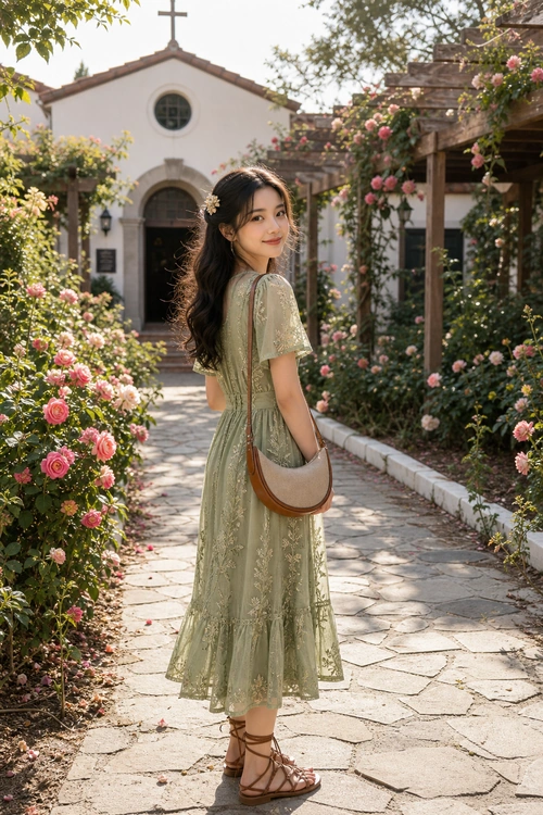 Woman wearing a sage green embroidered midi dress with brown strappy sandals and a brown shoulder bag.