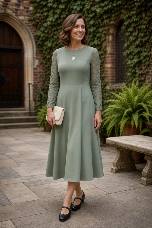 Woman wearing a sage green midi dress with lace sleeves, black Mary Jane shoes, a cream clutch, and a pendant necklace.