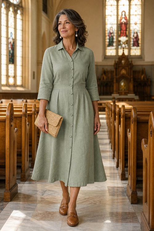 Woman wearing a sage green collared midi shirt dress with brown loafers and a woven beige clutch.
