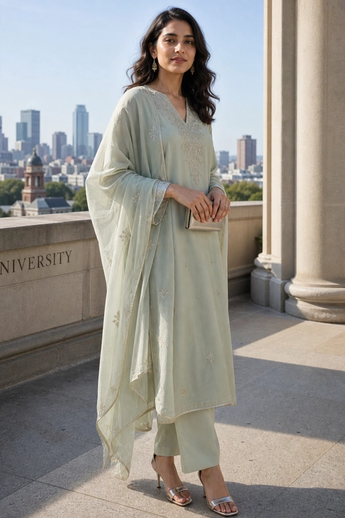 Sage Green Embroidered Salwar Suit Woman wearing a pale sage green embroidered salwar suit with a flowing dupatta, metallic clutch, earrings, and heeled sandals.
