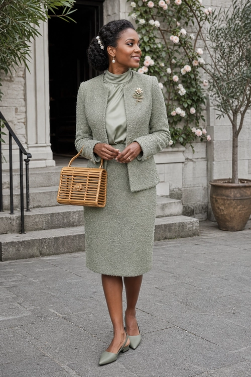 A woman wears a sage green textured skirt suit with a high-neck blouse, brooch, woven handbag, and pointed slingback shoes.