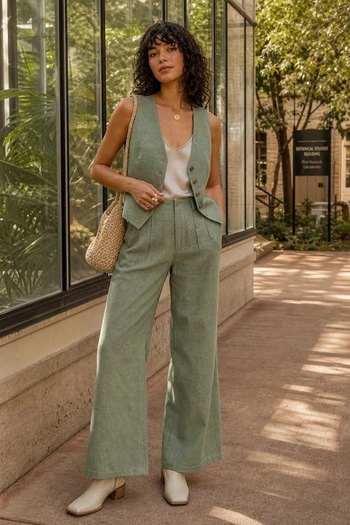 A woman wears a sage green tailored vest with matching wide-leg trousers, an ivory camisole, cream ankle boots, and a woven shoulder bag.