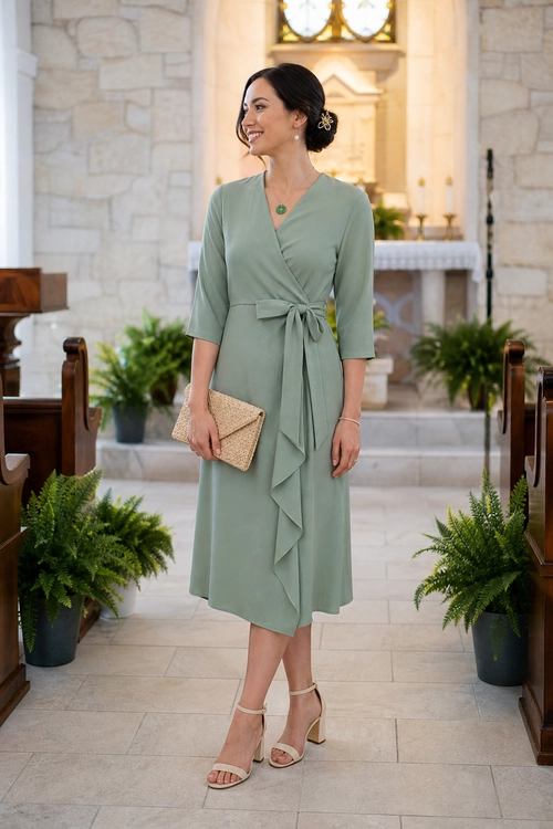 Sage Green Wrap Dress Outfit Woman wearing a sage green wrap-style midi dress with nude heeled sandals and a woven beige clutch.