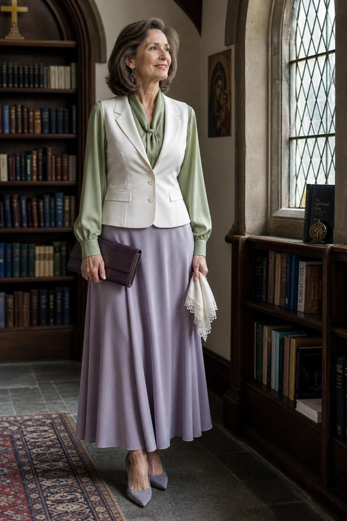 A woman wears a cream tailored vest over a sage green blouse with a flowing lavender skirt, pointed heels, a purple clutch, and a lace handkerchief.