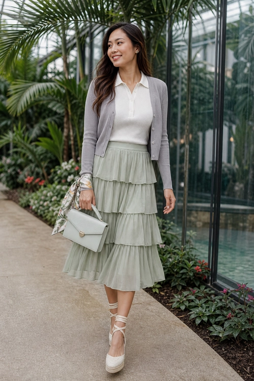 Woman wearing a sage green tiered midi skirt with a white collared top, gray cardigan, cream espadrille wedges, and a structured clutch.