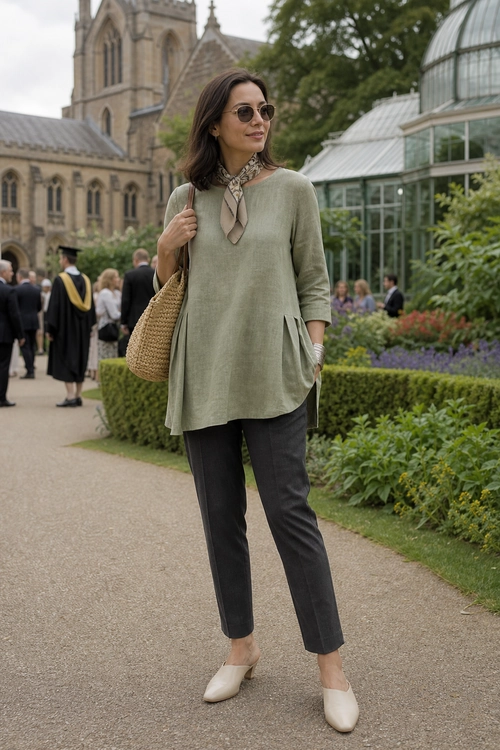 A woman wears a sage green tunic with charcoal cropped trousers, cream flats, a patterned neck scarf, sunglasses, and a woven shoulder bag.