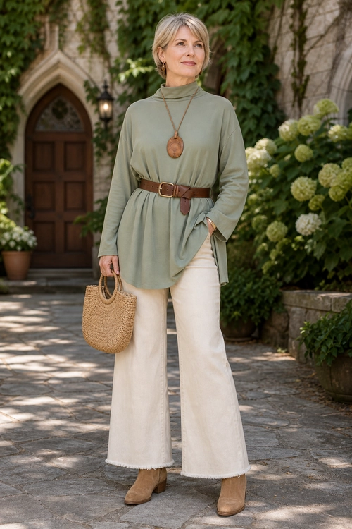 Woman wearing a sage green high-neck tunic with a brown leather belt, cream wide-leg pants, tan ankle boots, and a woven straw handbag.